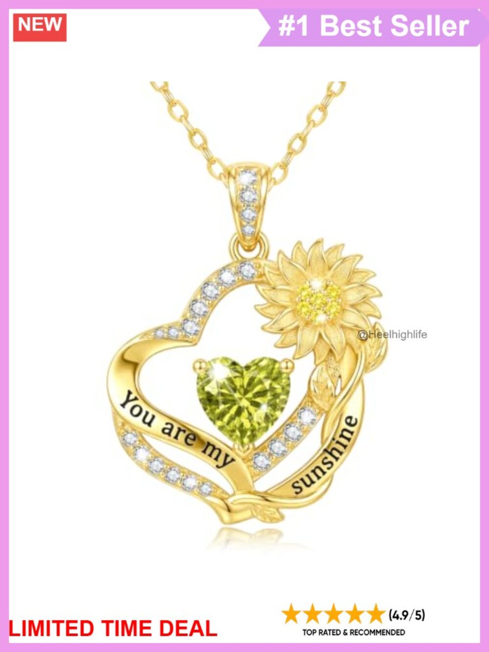 14K Gold Plated Sunflower Necklace You Are My Sunshine Pendant